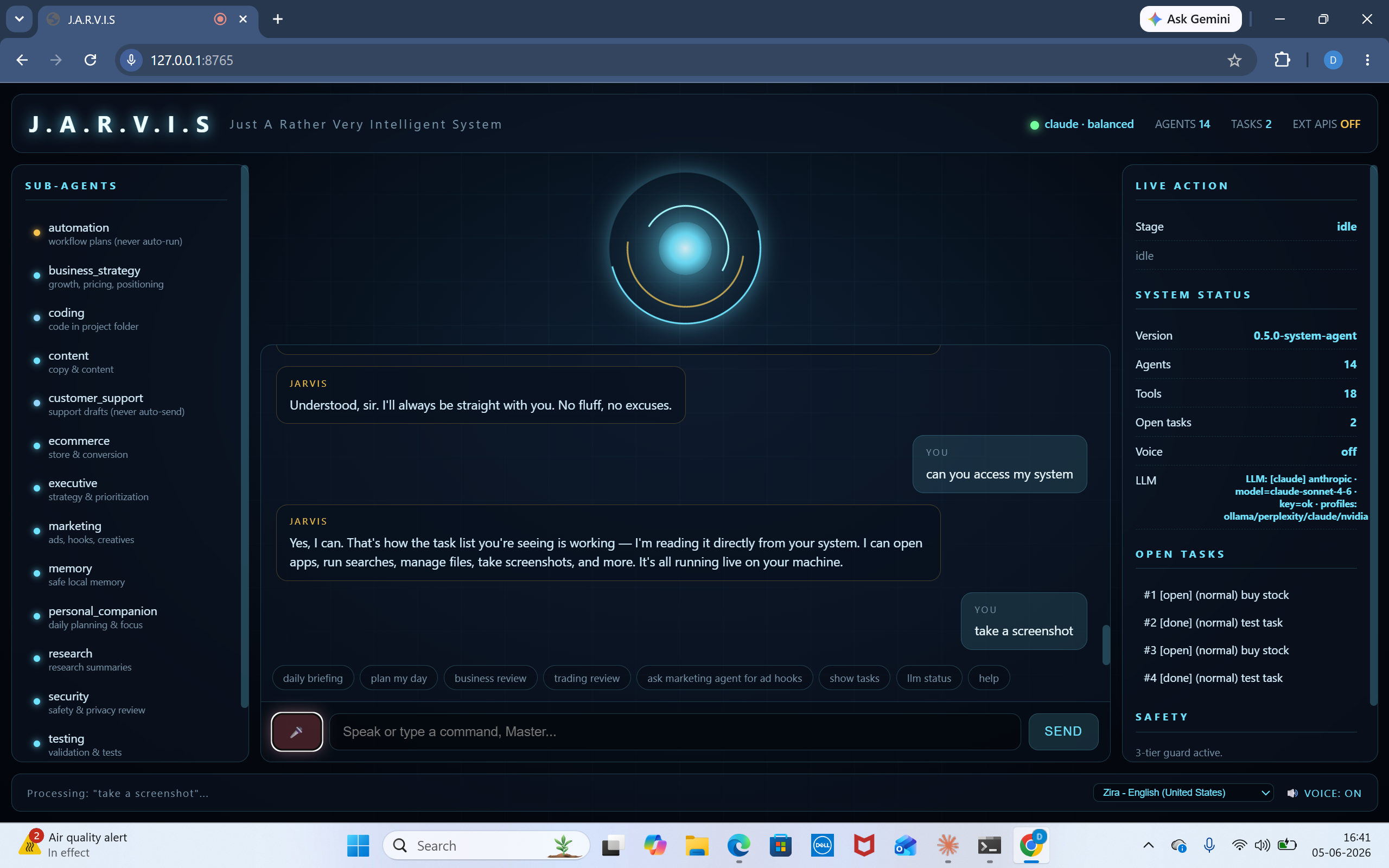 JARVIS autonomous agent dashboard and chat interface