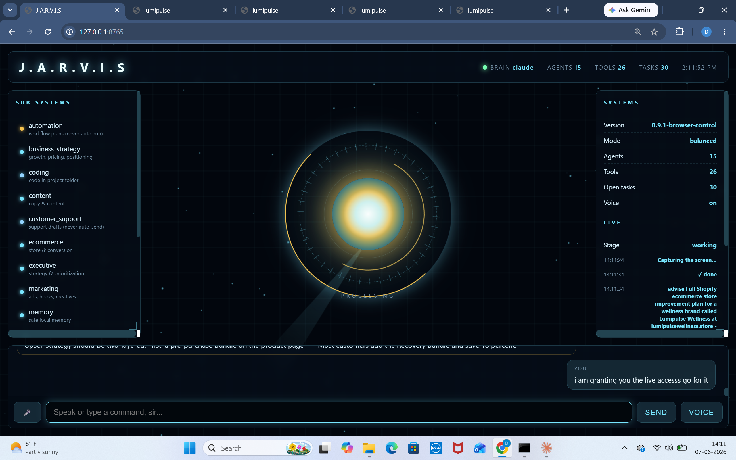 JARVIS live action and browser-control interface