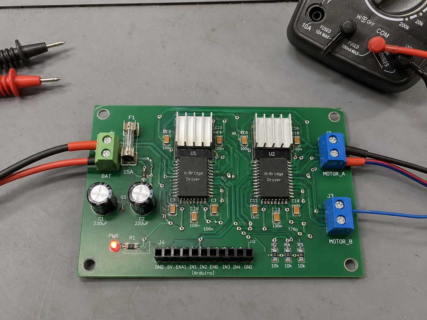 Fabricated custom dual H-bridge motor driver PCB