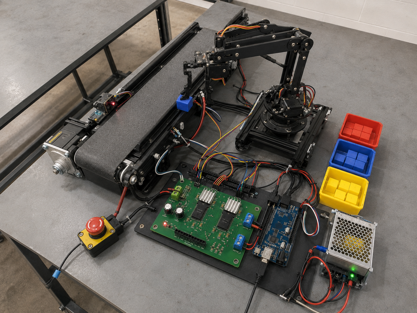 Automated pick-and-place cell with robot arm and conveyor